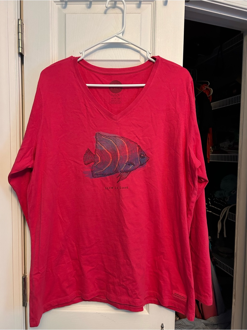 Life Is Good Hot Pink V-Neck Long Sleeve Tee with Fish Graphic